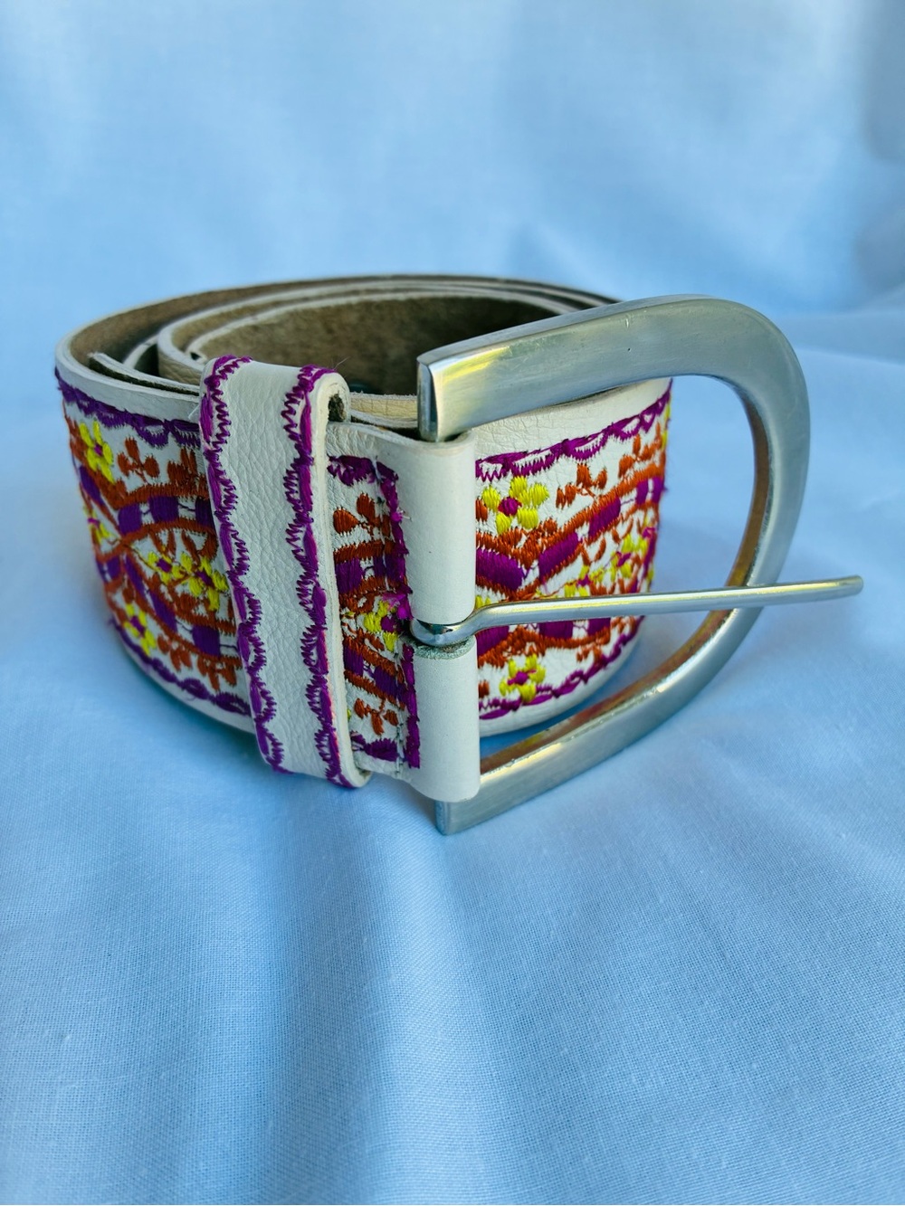 Plenty by Tracy Reese Cream Leather Belt with Purple Orange Yellow Embroidery